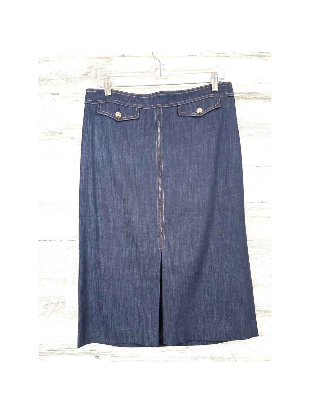 Talbots Womens 6 Blue Denim Front Slit Midi Pencil Jean Skirt Dark Wash Casual